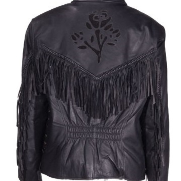 Black Genuine Leather Fringed Jacket w/ Black Rose - Picture 13 of 14